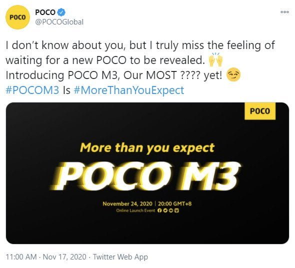 Annonce du POCO M3 sur Twitter.