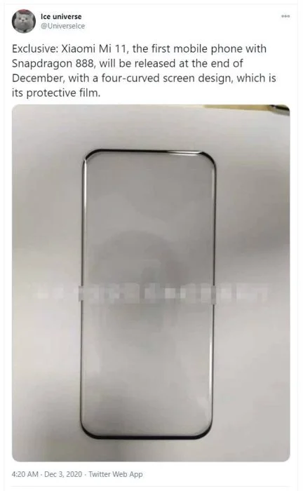 Ice Universe shows and the curved display glass of the Xiaomi Mi 11