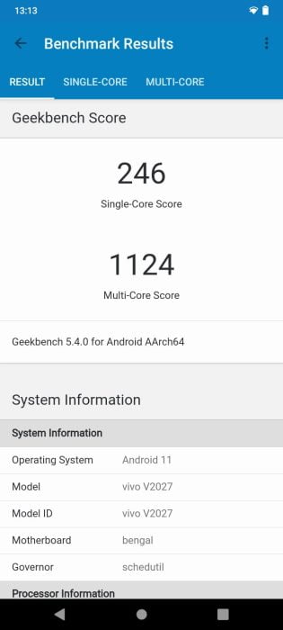 vivo Y20s Geekbench benchmark