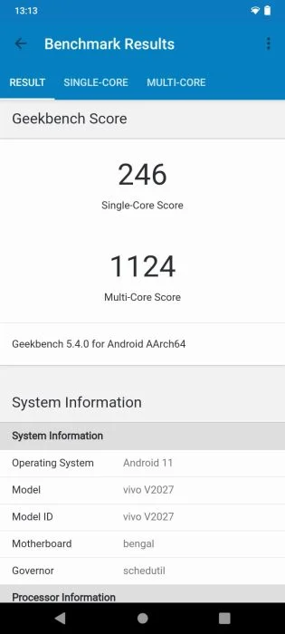 vivo Y20s Geekbench benchmark