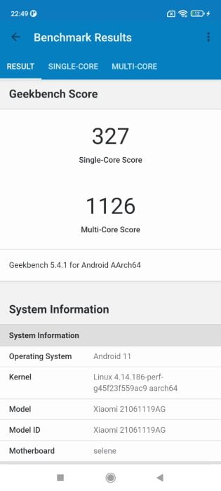 Resultado de la prueba de rendimiento de Redmi 10 Geekbench