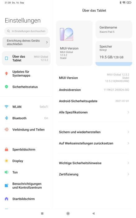 Systeeminfo van de Xiaomi Pad 5 MIUI-gebruikersinterface.