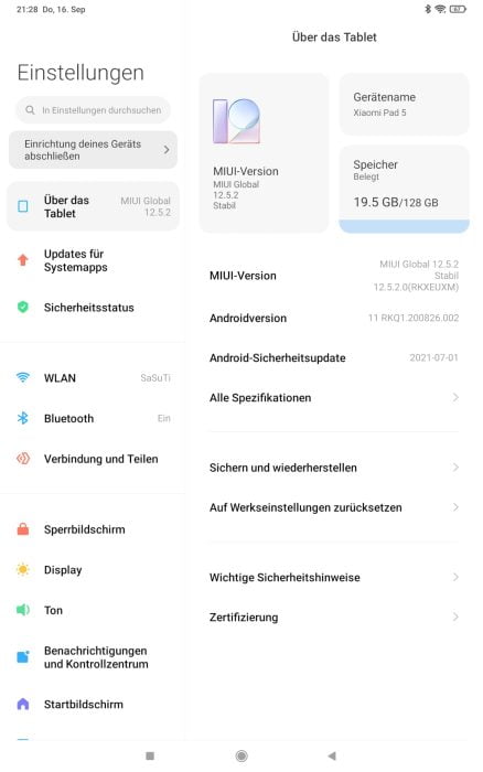 Systeminfo der Xiaomi Pad 5 MIUI Benutzeroberfläche.