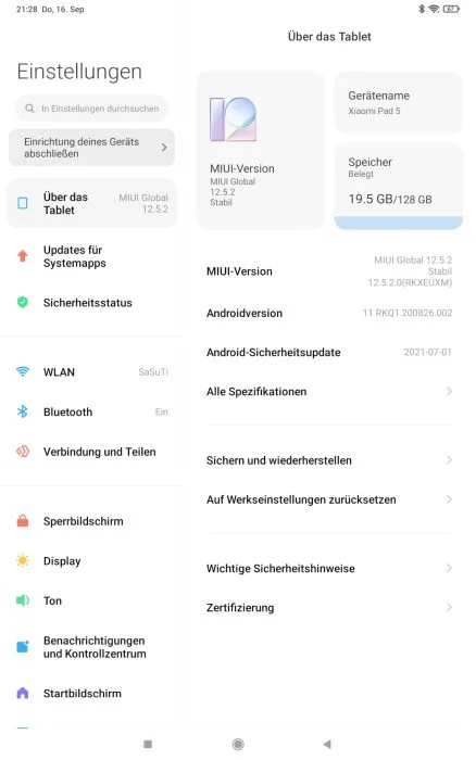 Systeminformation for Xiaomi Pad 5 MIUI -brugergrænsefladen.