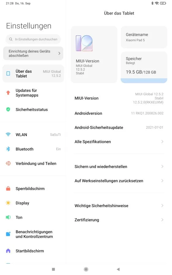 Systeminfo der Xiaomi Pad 5 MIUI Benutzeroberfläche.