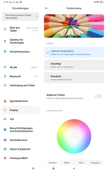 Overview of the display settings.