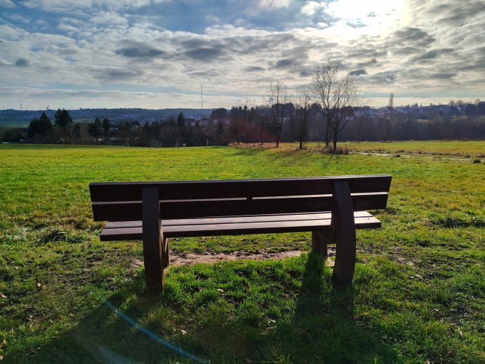 realme GT Neo2 camera test day bench on meadow