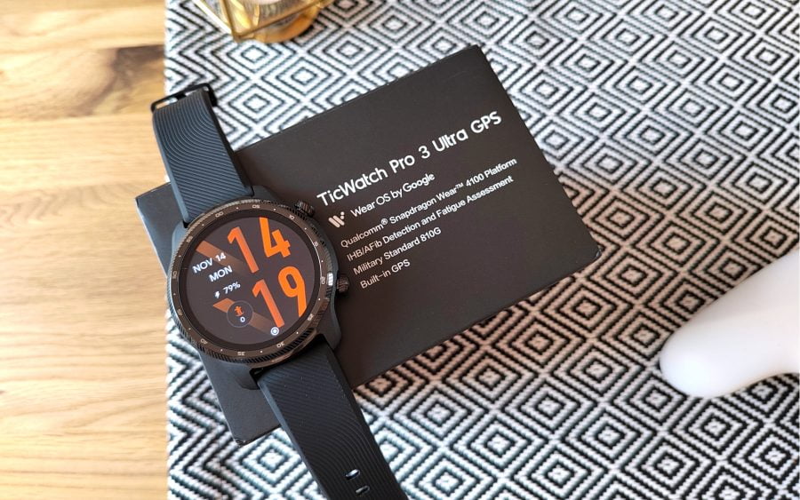 TicWatch Pro 3 Ultra GPS Smartwatch lying on packaging