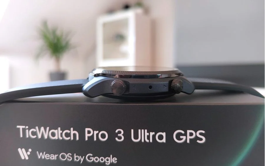 TicWatch Pro 3 Ultra GPS side with crowns and microphone