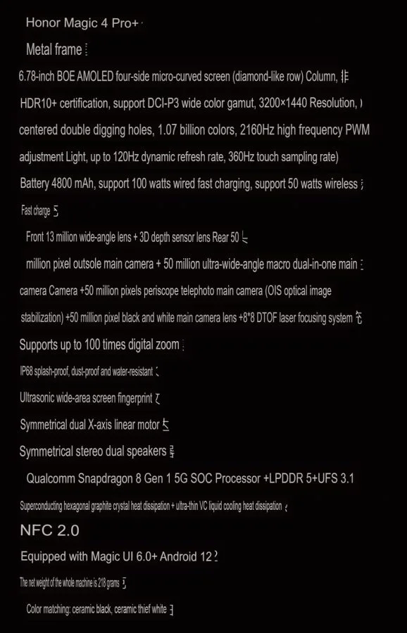 HONOR Magic 4 Pro+ specificaties vertaald