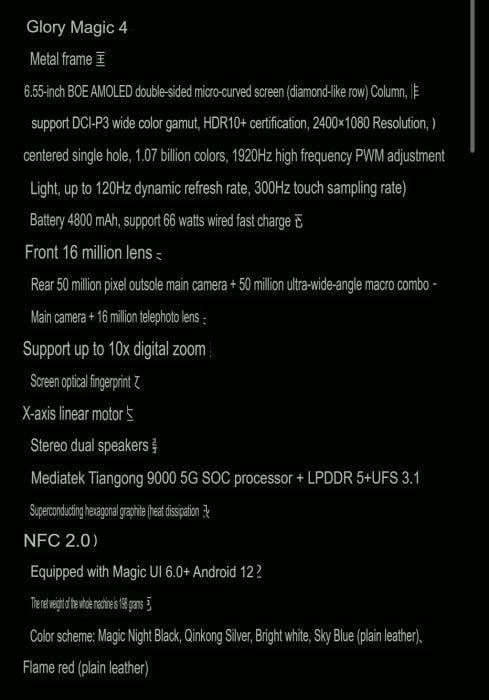 HONOR Magic 4 specifikationer oversat