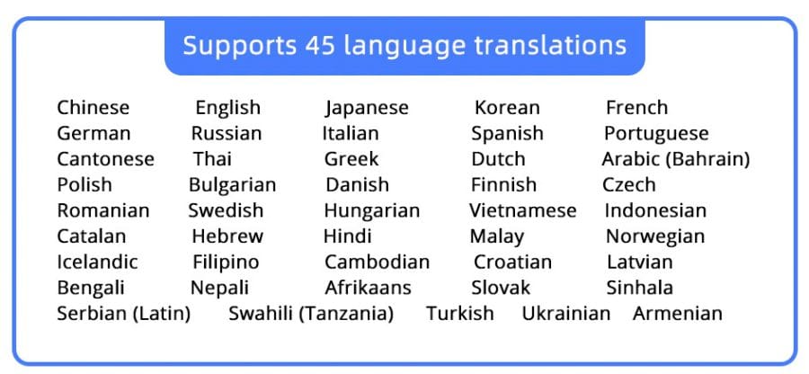 La traduzione Xiaodu supporta queste 45 lingue.