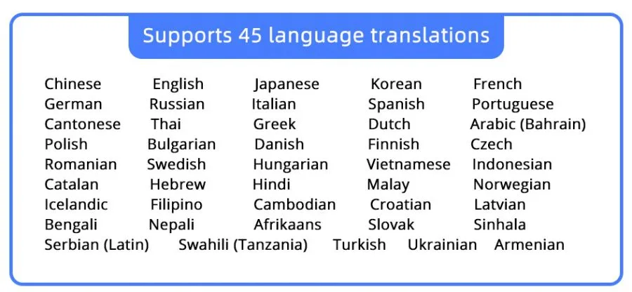 A tradução Xiaodu suporta esses 45 idiomas.