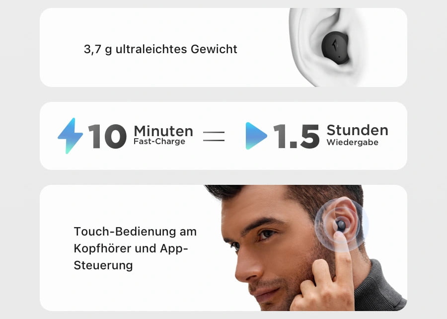 1MORE ComfoBuds Mini Earbuds im leichten Design, kurzer Ladezeit und smarter Touchbedienung.