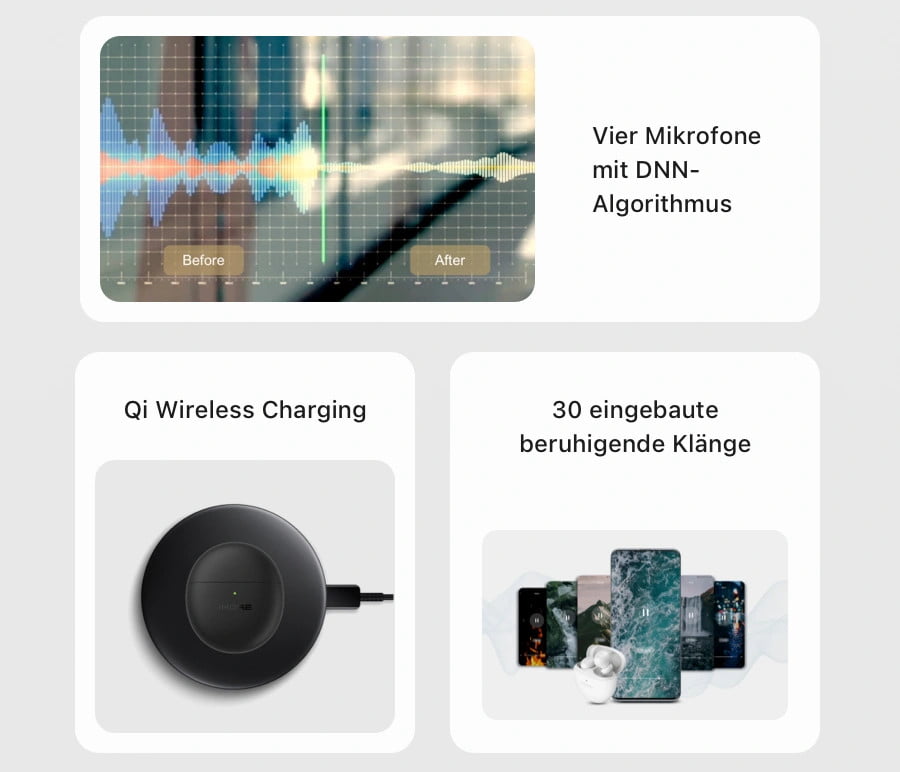 1 VÍCE mini sluchátek ComfoBuds se čtyřmi mikrofony, bezdrátovým nabíjením Qi a 30 uklidňujícími zvuky.