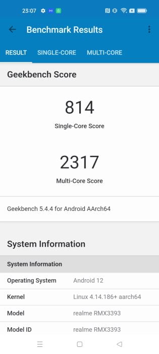 Wynik testu realme 9 Pro+ Geekbench