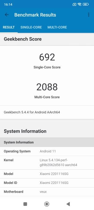 Výsledek benchmarku Redmi Note 11 Pro 5G Geekbench.