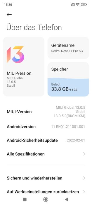 Redmi Note 11 Pro 5G MIUI 13 system information.