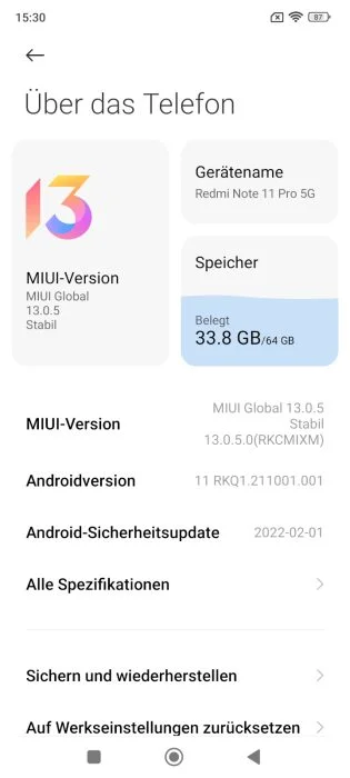 Redmi Note 11 Pro 5G MIUI 13 systemoplysninger.