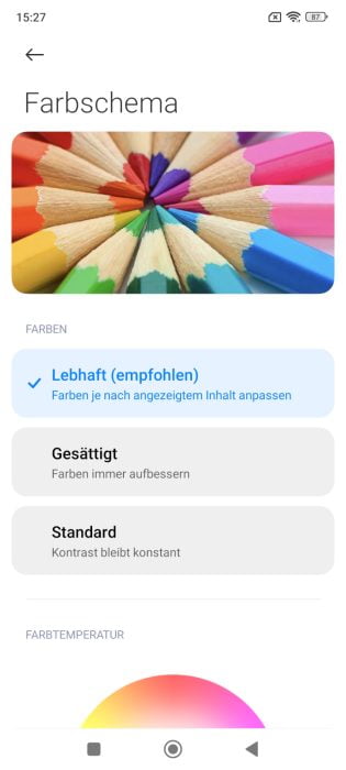 Redmi Note 11 Pro 5G Farbeinstellungen.