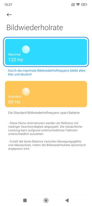 Impostazioni della frequenza di aggiornamento di Redmi Note 11 Pro 5G con 120 Hz e 60 Hz.