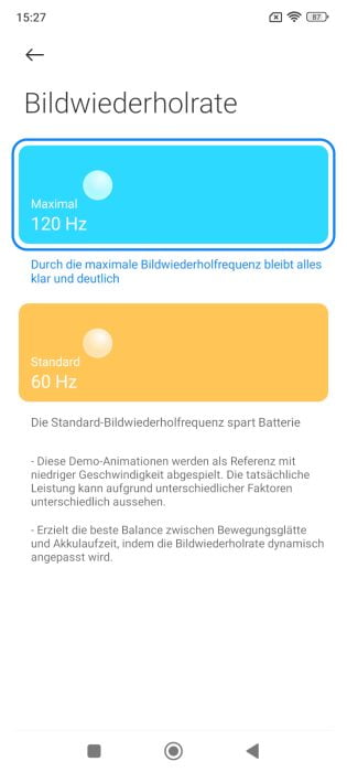 Redmi Note 11 Pro 5G oppdateringsfrekvensinnstillinger med 120 Hz og 60 Hz.