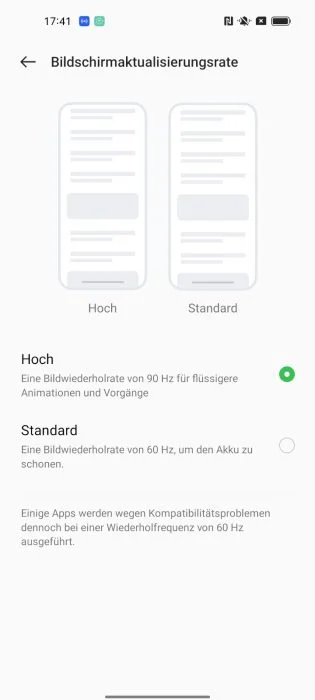 OPPO Find X5 Lite ColorOS refresh rate settings.