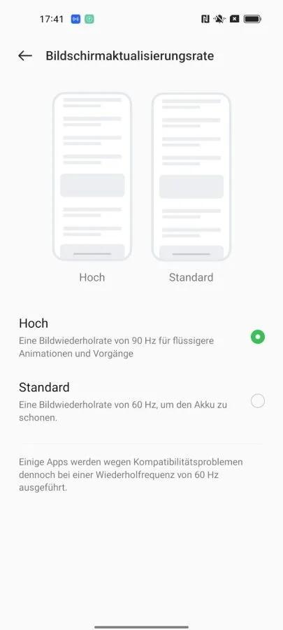 OPPO Find X5 Lite ColorOS Einstellungen zur Bildwiederholrate.