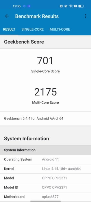 OPPO Finn X5 Lite Geekbench benchmark-resultat.