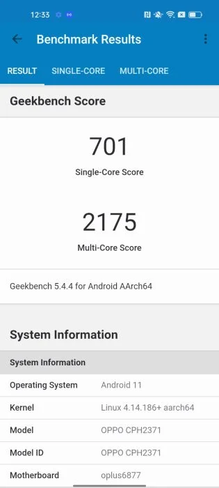 Результаты теста OPPO Find X5 Lite Geekbench.