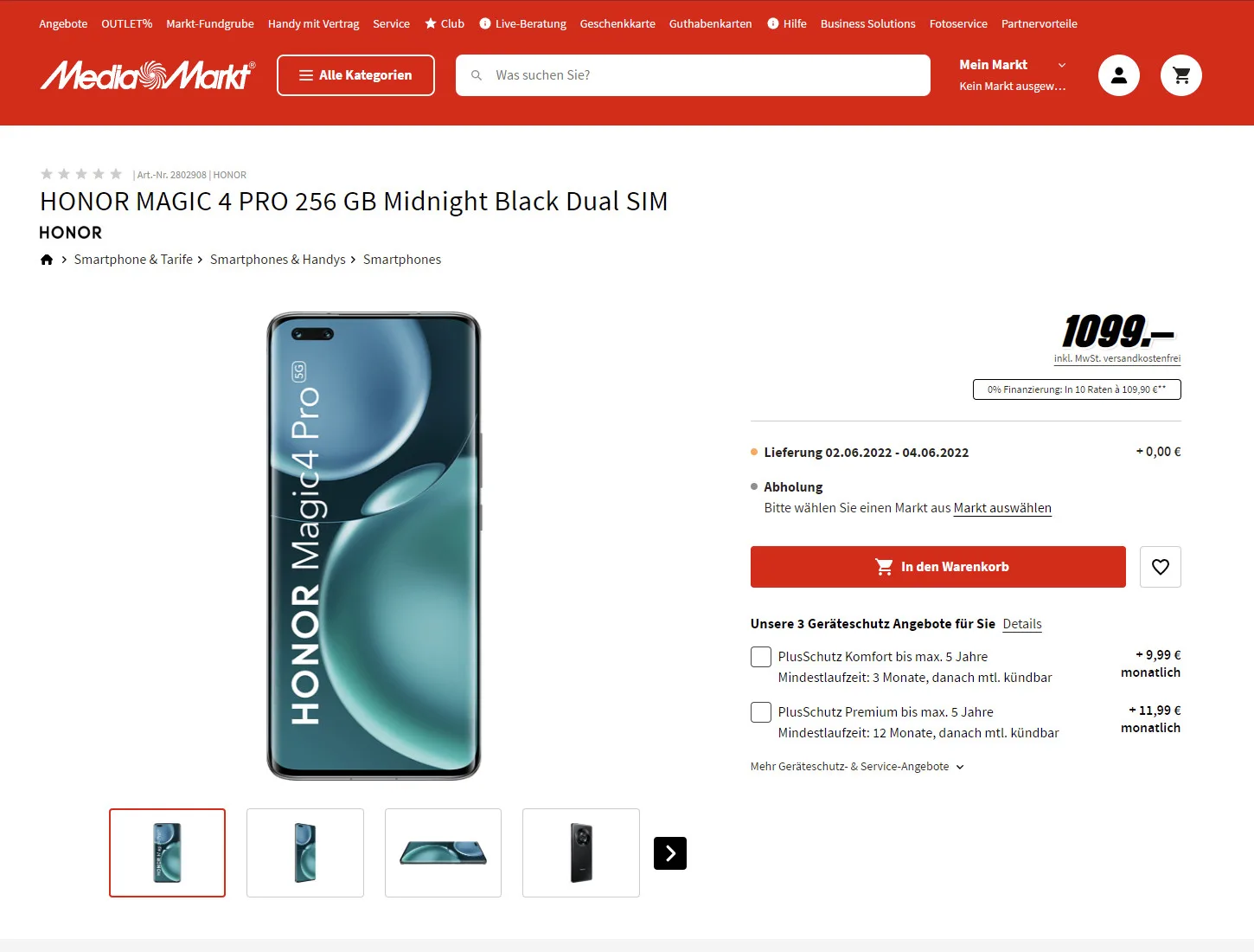 Page produit HONOR Magic4 Pro sur Media Markt