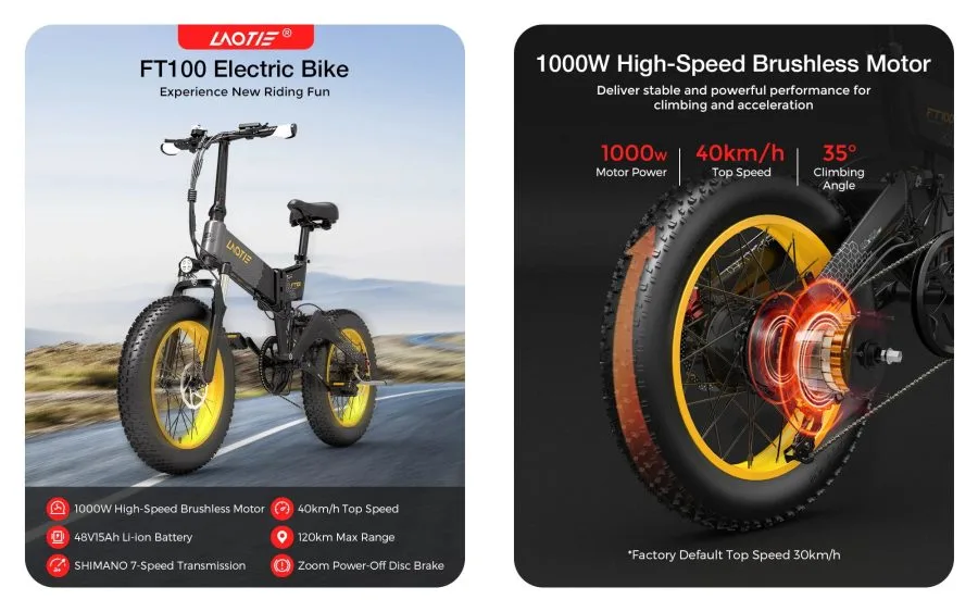 Specifiche della bici elettrica LAOTIE FT100 e motore da 1000 W