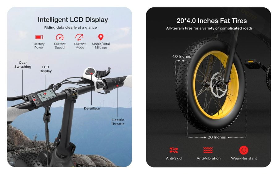 ЖК-дисплей электронного велосипеда LAOTIE FT100 и 20-дюймовые шины