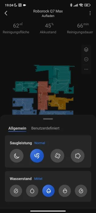 Roborock App suction level and water distribution