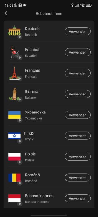 Pacotes de idiomas do aplicativo Roborock