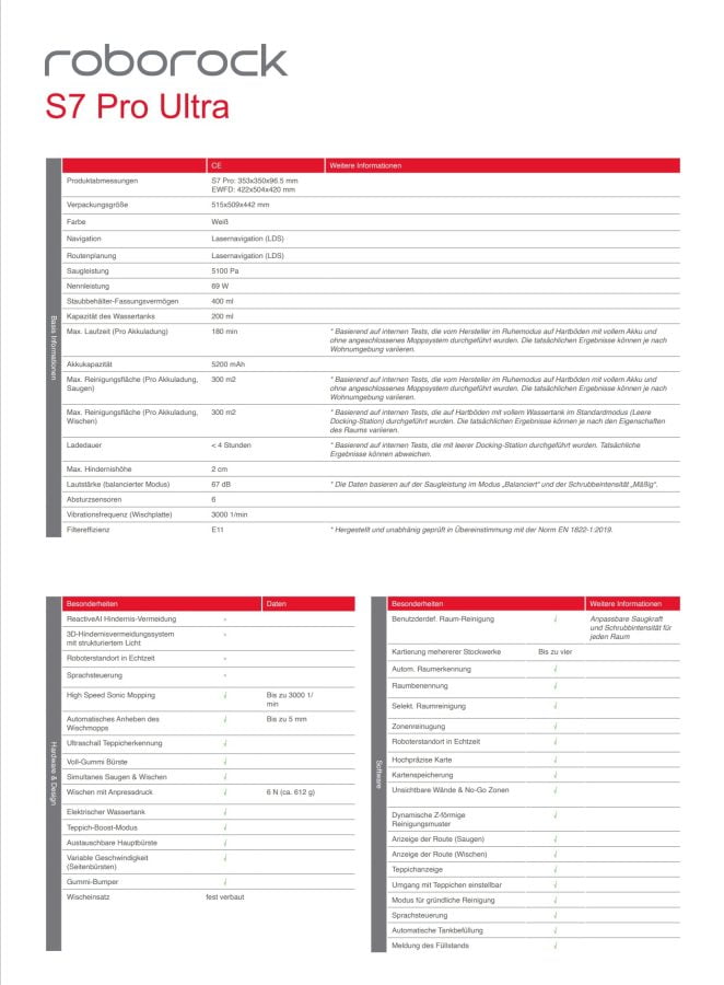 Roborock S7 Pro Ultra veri sayfası