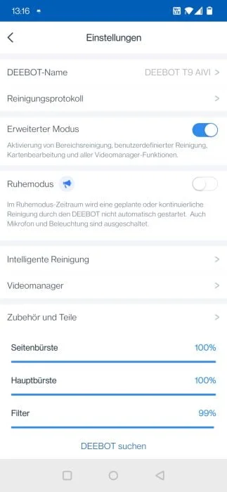 ECOVACS DEEBOT T9 AIVI app settings