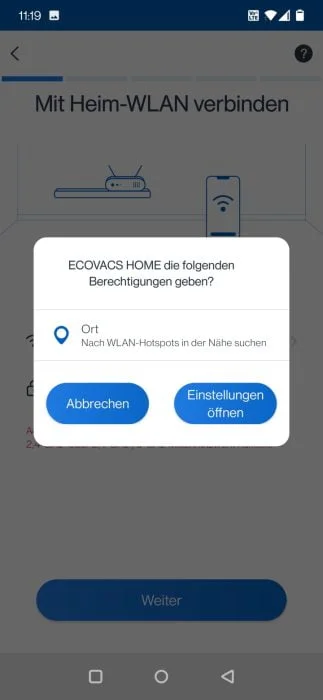 Autorisations de configuration de l'application ECOVACS DEEBOT T9 AIVI