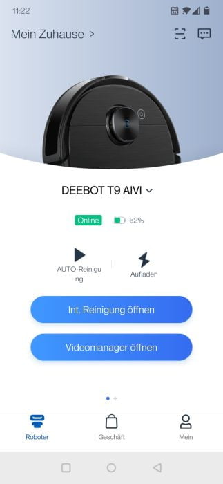 ECOVACS DEEBOT T9 AIVI App Übersichtsseite