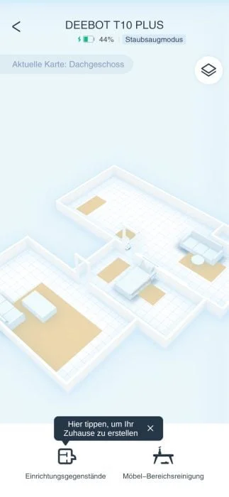 ECOVACS HOME 3D room map with furniture