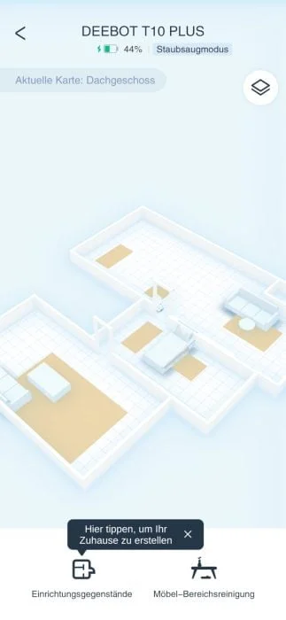 Mapa da sala 3D ECOVACS HOME com móveis