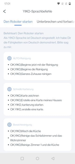 ECOVACS YIKO Sprachbefehle Übersicht