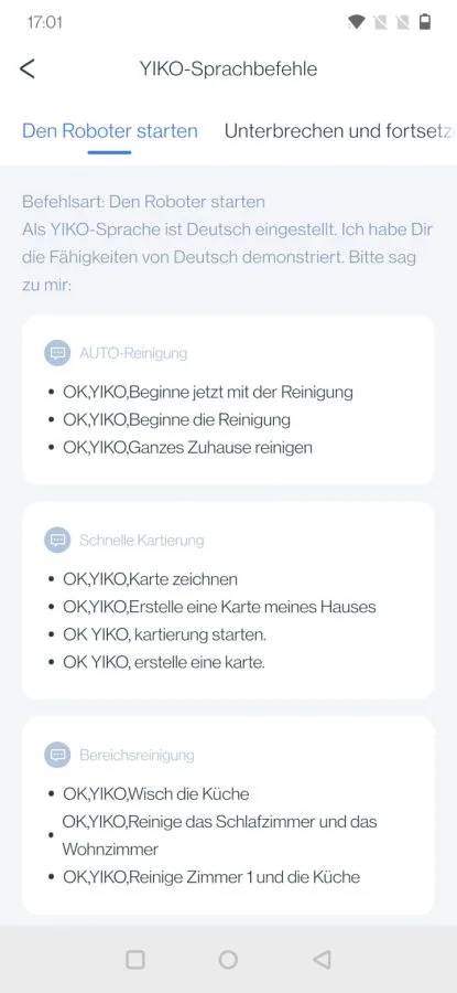 ECOVACS YIKO Sprachbefehle Übersicht