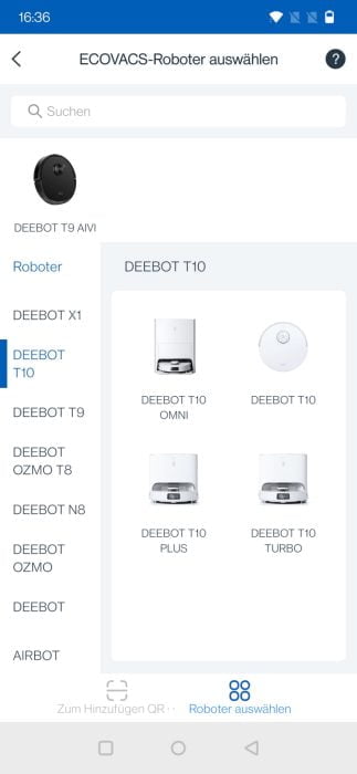 Výběr zařízení aplikace ECOVACS HOME