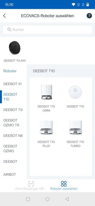 Seleção de dispositivo do aplicativo ECOVACS HOME