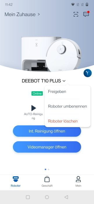 Vrijgeven, hernoemen, verwijderen ECOVACS HOME app overzichtspagina