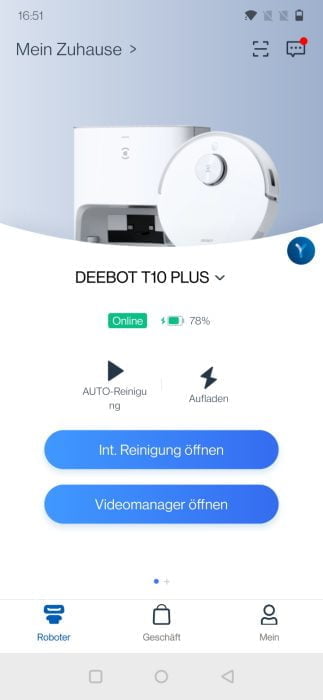 ECOVACS HOME App Übersichtsseite