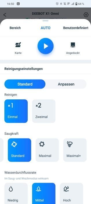 ECOVACS DEEBOT X1 OMNI rengøringsindstillinger