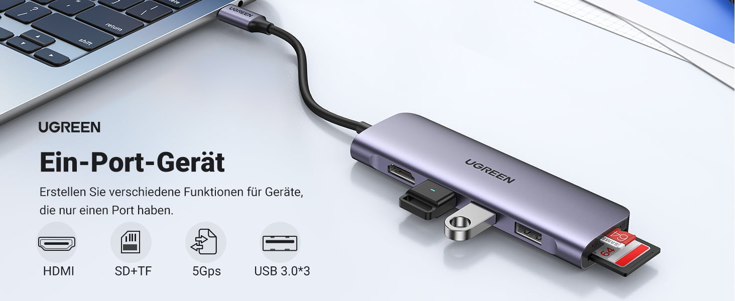 Ugreen 6-i-1 USB-C Hub-tilkoblingsmuligheter
