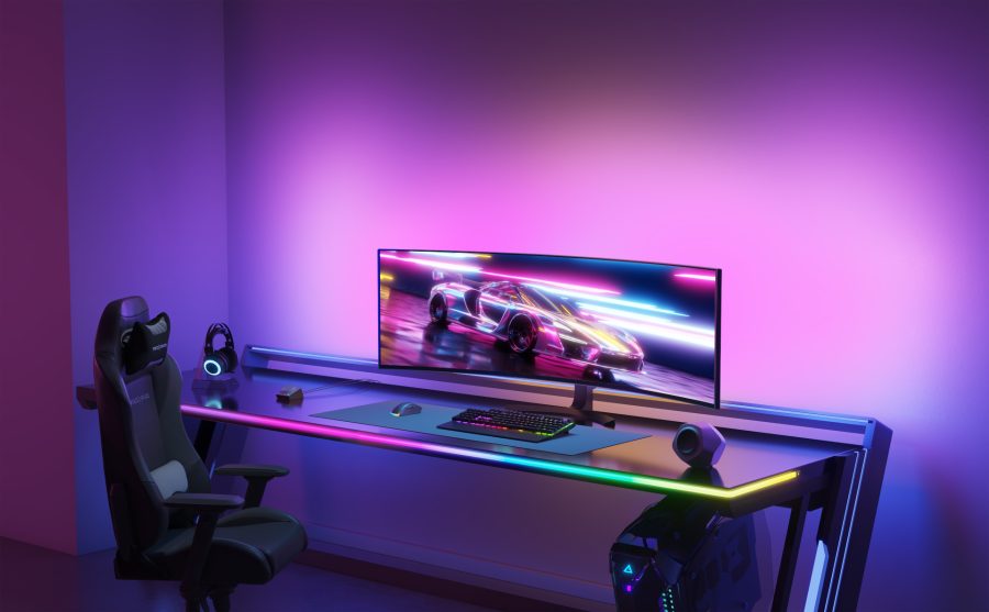 Govee RGBIC Gaming Neon LED Strip Lifestyle Desk lit from the side